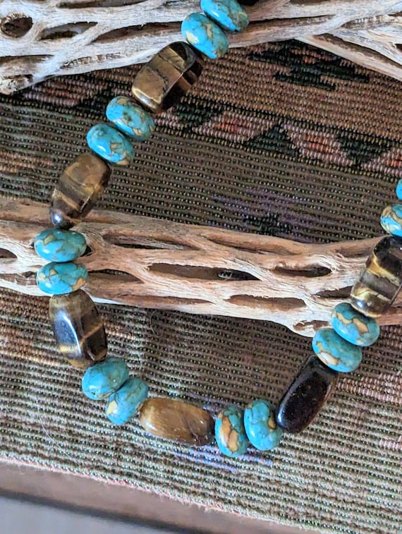 Turquoise and Golden Tiger Eye Bead Necklace Vint… - image 1