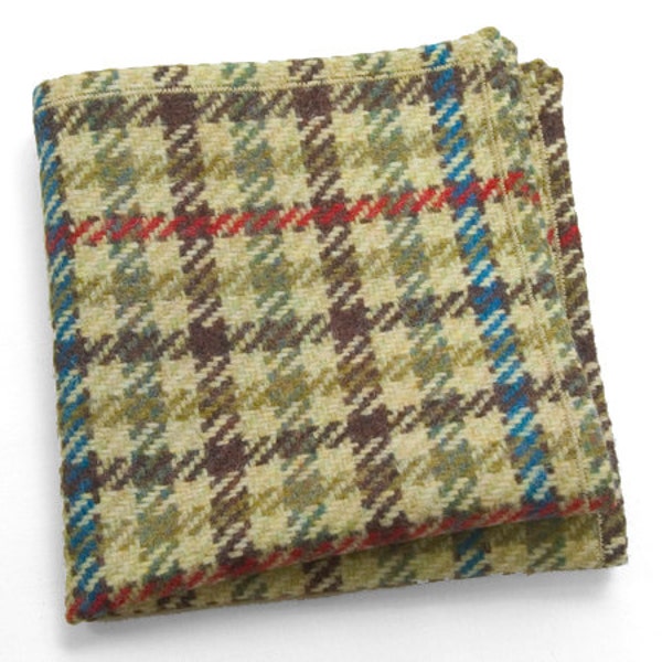 Men's Wool Pocket Square with bold stripes in red, blue, brown and olive green