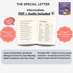 Cuento en español intermedio: Una carta especial / PDF imprimible + audio / Práctica de lectura bilingüe para estudiantes