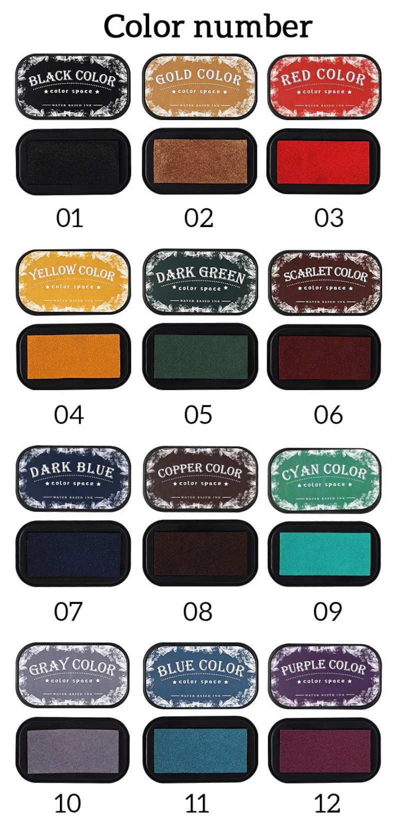 May include: A collection of 12 ink pads in various colors, including black, gold, red, yellow, dark green, scarlet, dark blue, copper, cyan, gray, blue, and purple. Each pad is labeled with its color and a number.