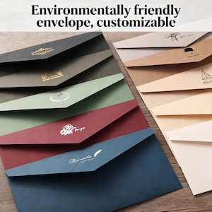 Op de afbeelding: Een assortiment kleurrijke, milieuvriendelijke enveloppen. De enveloppen zijn in verschillende tinten, waaronder donkergrijs, olijfgroen, bordeauxrood en marineblauw. Sommige enveloppen hebben decoratieve ontwerpen en tekst zoals "Best wishes" en "For you". De tekst "Environmentally friendly envelope, customizable" staat bovenaan.
