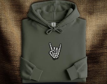 Devil Horns Embroidered Hoodie: Skeleton Rock Hand Sign | Rock On Heavy Metal Hoodie | Rock and Roll Gift