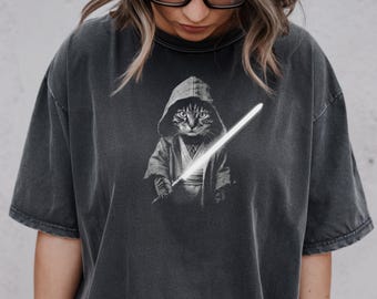 Comfort Colors® Vintage Cosmic Warrior Cat T-Shirt: Sci-Fi Movie Inspired Galaxy Cat | Funny Space Cat Tee