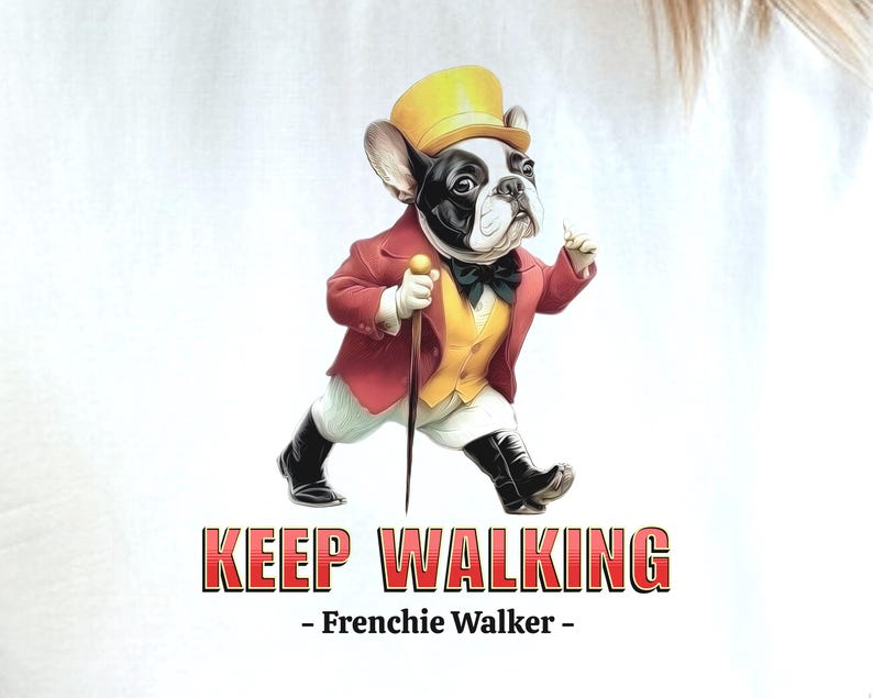 May include: A whimsical illustration of a French Bulldog dressed in a red coat, yellow vest, and top hat, holding a cane. The text "KEEP WALKING - Frenchie Walker -" is displayed below the dog.