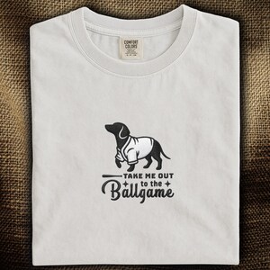 Comfort Colors® "Take Me Out to the Ballgame" Embroidered T-Shirt: Dachshund Baseball Design | MLB Fan Gift for Doxie Lovers
