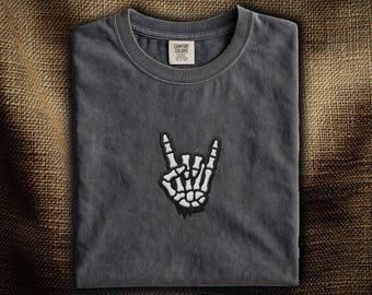 Devil Horns Embroidered T-Shirt: Skeleton Rock Hand Sign | Rock On Heavy Metal Shirt | Rock and Roll Gift | Comfort Colors®