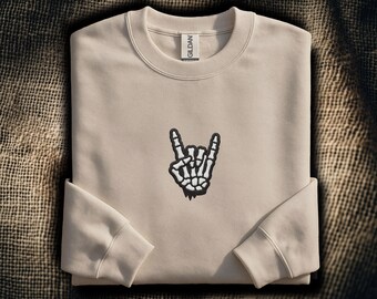 Devil Horns Embroidered Sweatshirt: Skeleton Rock Hand Sign | Rock On Heavy Metal Crewneck | Rock and Roll Gift