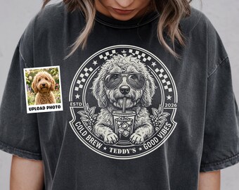 Custom Dog Iced Coffee T-Shirt: Personalized Dog Portrait Drinking Coffee Shirt | Vintage Diner Coffee Lover Gift | Comfort Colors®