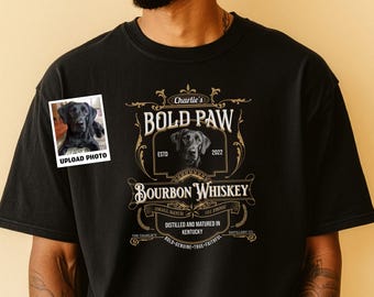 Comfort Colors® Custom Dog Photo Bourbon Label T-Shirt: Personalized Vintage Fade Pet Portrait | Bold Paw Whiskey Style Gift for Dog Dad