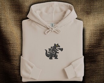 Catzilla Embroidered Hoodie: Funny Kaiju Cat Monster | Japanese Inspired Black Cat Embroidery | Cat Lover Gift