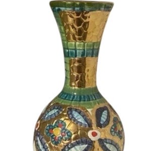 Vintage Italian Ceramic Vase Hand Decorated Gold Green Mosaic 15cm - Mid Century Modern Home Decor Vintage Gift