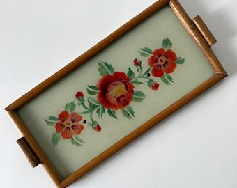 Vintage Hand Painted Floral Tray: Mid-Century Folk Art Kitchen Decor
