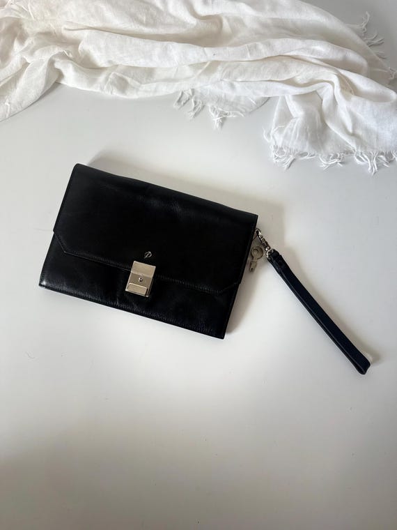 Vintage Black Calf Leather Clutch | Lockable Handbag with Wristlet