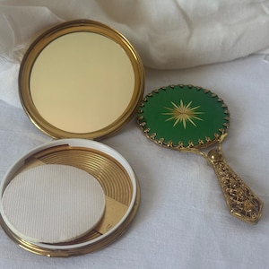 Vintage Vanity Set 1950s Green Enamel Compact Hand Mirror Gold Tone Art Deco Powder Case Makeup Mirror Set | Vintage gift