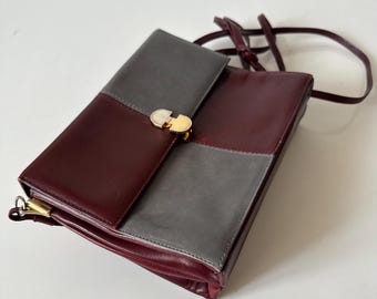 Vintage Two-Tone Leather Crossbody Bag: 1980s Red and Gray Shoulder Bag