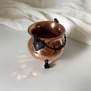 May include: A small, round copper pot with a polished metallic finish. It features a black twisted metal handle attached to the sides with decorative black leaf-shaped mounts and stands on three small, black metal feet at the base.