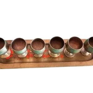 Vintage Brass Goblet Set with Tray: Engraved Floral Design, Mid-Century Decor