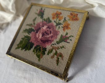 Vintage Needlepoint Trivet: Floral Petit Point, Gold-Plated Feet, 1950s Decor
