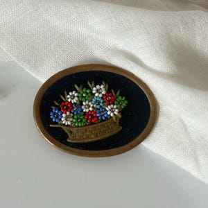 Vintage Hand Embroidered Flower Basket Brooch - Antique Folk Art Pin - Vintage Gift - Mid Century Jewelry