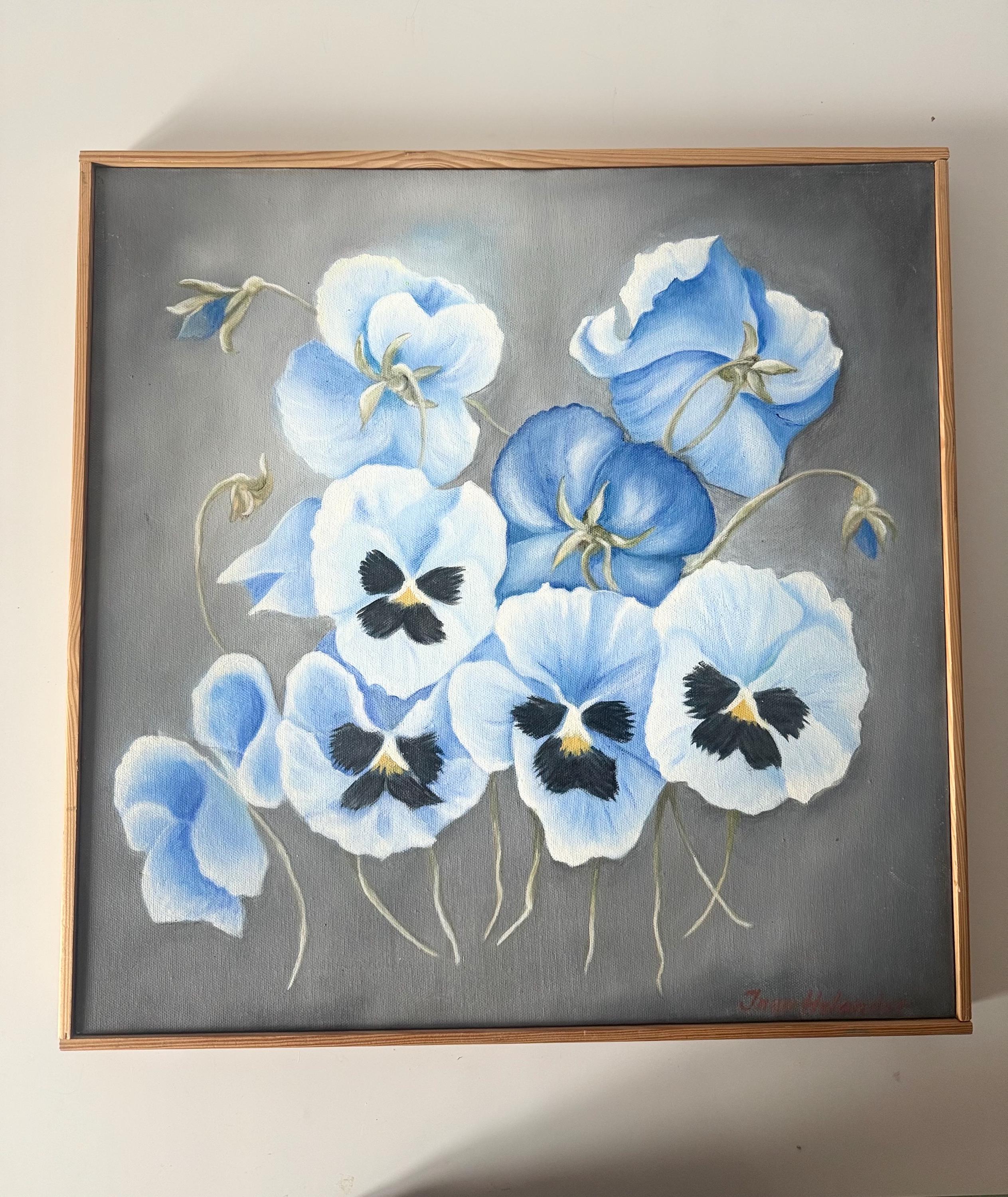 水色の鉢に植えている色とりどりのパンジー花の油彩画 F6