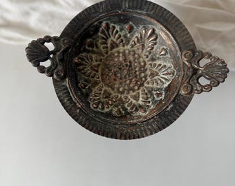 Vintage Copper Plated Compote Bowl, Ornate Shell Handles, Floral Centerpiece