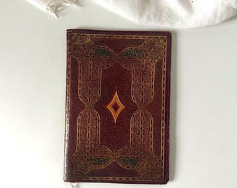 Vintage Burgundy Leather Document Holder Gold Embossed Book Cover Organizer 18cm