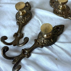 Victorian Brass Double Wall Hooks - Ornate Antique Set of 3