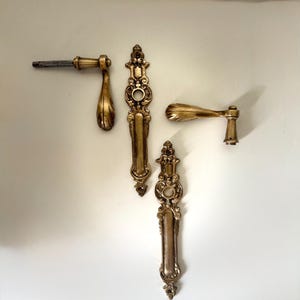 May include: Two brass door handles and two matching vertical backplates with ornate, scrolling relief details. The handles feature a curved, teardrop-shaped grip, while the backplates include circular openings for a lock or spindle mechanism.