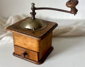 Antique French Wooden Box Coffee Grinder | Dovetail Joinery, Brass Hopper, Cast Iron Crank