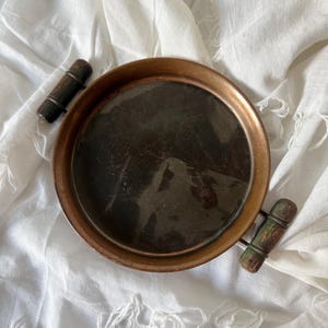 Vintage Copper Round Serving Tray with Wood Handles | Antique Patina Copper Tray | French Country Kitchen Decor | Rustic Farmhouse
