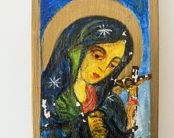 Vintage handgemalte Jungfrau Maria Holz Ikone, Volkskunst Madonna