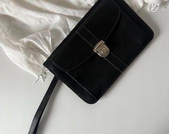 Vintage 1980s Black Organizer Clutch, Retro Wristlet Purse