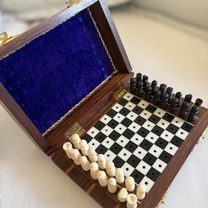 Vintage Wooden Travel Chess Set | Portable Chess Board with Royal Blue Velvet Lining | Hand-Turned Chess Pieces | Classic Game Vintage gift