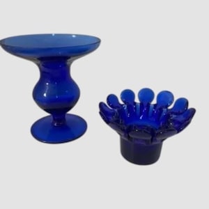 Vintage Kobalt Blau Glas Kerzenhalter Set - Mid Century Modern Blütenblatt Design - Retro Wohndeko - Vintage Geschenk