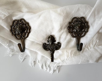 Set of 3 Vintage Brass Angel Cherub Hooks - Victorian Wall Decor