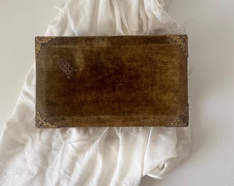 Antique Green Velvet Jewelry Box, Brass Corners, Victorian Keepsake Storage