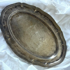 Vintage 1940s Silverplate Serving Tray 14&quot; Oval Scalloped Edge Entertaining Platter Authentic Patina Estate Sale Find Antique Vintage Gift