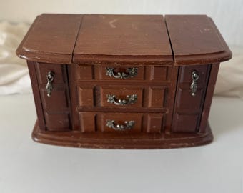 Vintage Wooden Jewelry Box, Colonial Dresser Organizer, Mirror, Ring Rolls