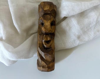 Hand Carved Willow Totem Sculpture | Folk Art Face Figurine, Primitive Decor