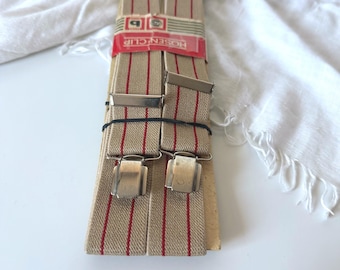 1970s DDR HOSEN-CLIP Suspenders: Beige Red Stripe, Original Packaging