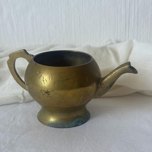 Vintage Brass Miniature Teapot 1950s Hand Engraved Floral Collectible Dollhouse Decor Small Tea Pot Mid Century