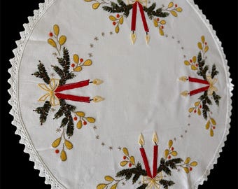 Hand Embroidered Easter Table Cover 71cm Vintage Festive Candles Holly Cotton Lace Topper