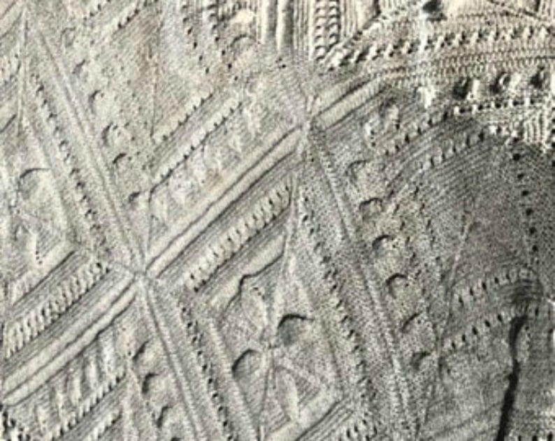 May include: Close-up of a gray knitted fabric with a textured diamond pattern.