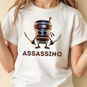 Camiseta de café Ninja Capuccino Assassino, divertida camiseta de dibujos animados de capuchino, regalo de café kawaii para niños, divertida camiseta de humor sobre espresso, barista