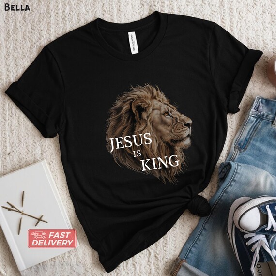 T-shirt Lion 'Jesus Is King' - Foi Chrétienne - Noir - Toutes Tailles (Unisexe Adulte) - Neuf Avec étiquettes