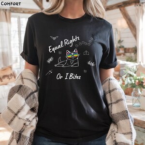 Equal Rights Or I Bites T-Shirt, Feminist Cat Shirt, Rainbow Pride Tee, Lesbian & Gay Pride Apparel, LGBTQ Ally Shirt, LGBT Cat Pride Tee