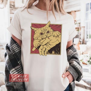 Vintage Cat Bite Shirt, Japanese Horror Anime TShirt, Horror Cat Shirt, Cats Crazy Shirts Cool Graphic Unisex T Shirts, Retro Graphic Tee