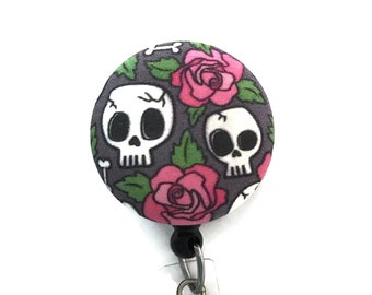 Skulls and Roses Badge Reel, Halloween Retractable Id Badge Holder, Id Badge Clip, Nurse Badge Reel, Best Teacher Gift, Name Badge Holder