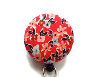 Retractable Red Floral Badge Reel, Nurse Name Badge Holder, Teacher Badge Reel, Retractable Lanyard, Id Badge Clip, Badge Pull, RN Gift