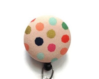 Retractable ID Badge Reel, Name Badge Holder, Nurse Key Card Holder, ID Badge Clip, Coral Polka Dot Badge Pull, Gift For  Her, Gift Under 10